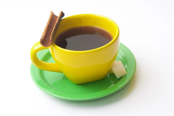 Coffee cup and saucer, cinnamon and sugar — Stock Photo, Image