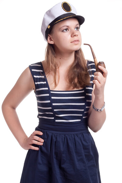 Girl in a sailor cap smoking a pipe