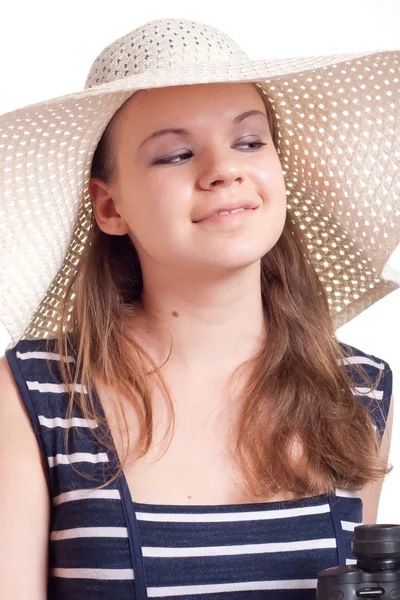 A girl in a big straw hat — Stock Photo, Image