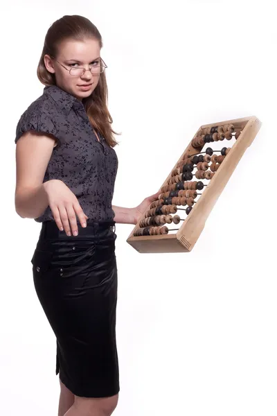Girl with big wooden abacus — Stock Photo, Image