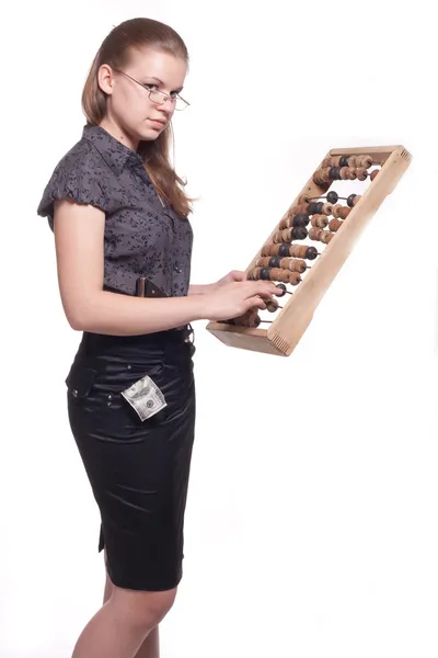 Menina com grande abacus de madeira fundo — Fotografia de Stock