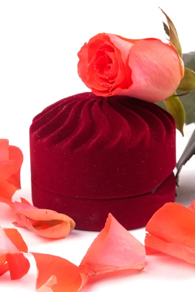 クローズ ボックスとバラの花びらの横に横になっています。 — ストック写真