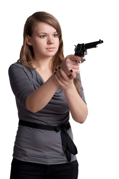 Lány egy pisztollyal a kezében — Stock Fotó