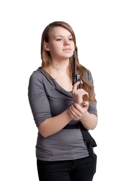 Chica con un arma en las manos — Foto de Stock