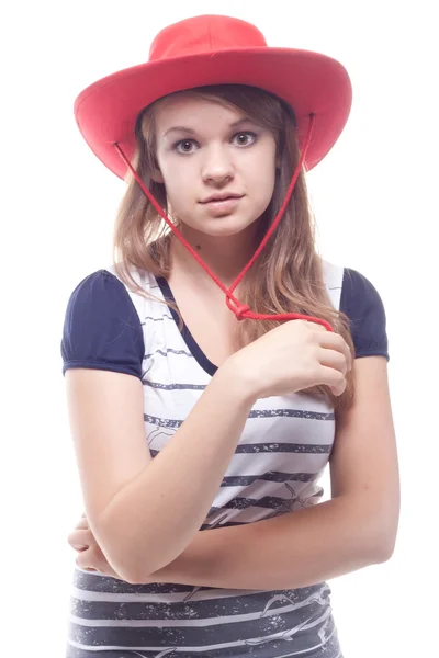 赤い帽子の少女の肖像画 — ストック写真