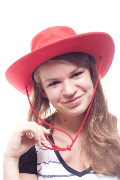 Πορτρέτο ενός κοριτσιού σε ένα κόκκινο καπέλο — Φωτογραφία Αρχείου
