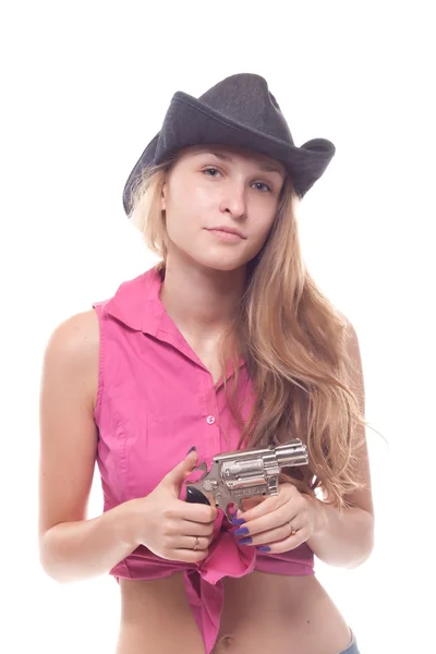 Portrait of two young girls with a gun — Stock Photo, Image
