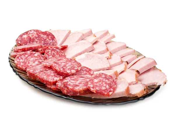 Gehakte bacon en salami op een plaat — Stockfoto