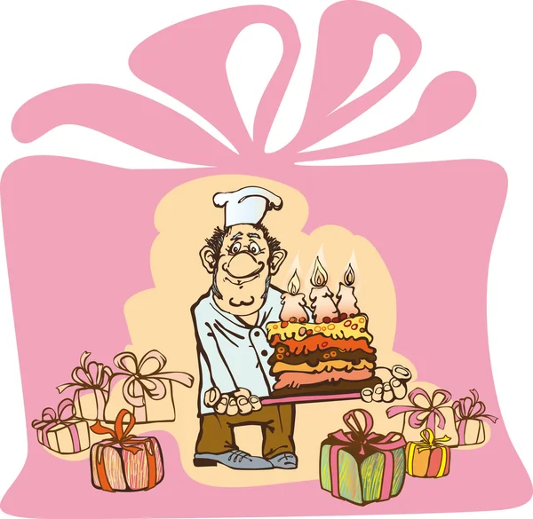 Boulanger bienveillant fait un gâteau avec trois bougies — Image vectorielle