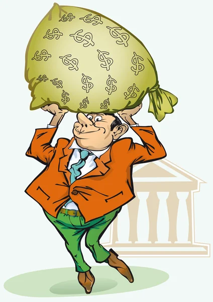 Affärsman som håller en påse pengar från banken. — Stock vektor