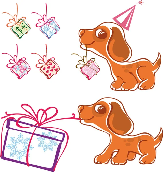 Speelse puppy met geschenken — Stockvector