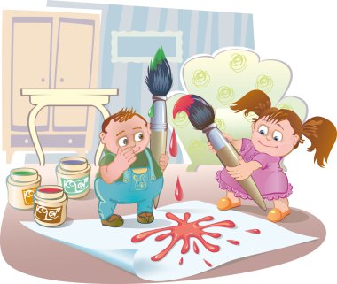Children in the room playing with paint clipart