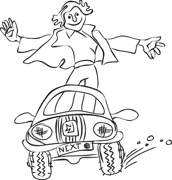 Un joven montado en un coche de pie . — Vector de stock