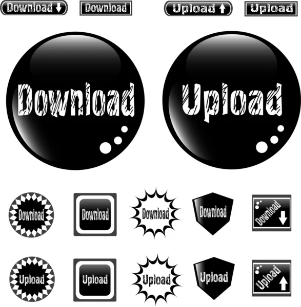Negro web botones brillantes descargar y subir signo — Archivo Imágenes Vectoriales
