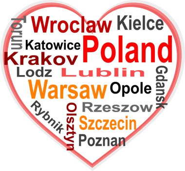 Poland Heart and words cloud with larger cities clipart