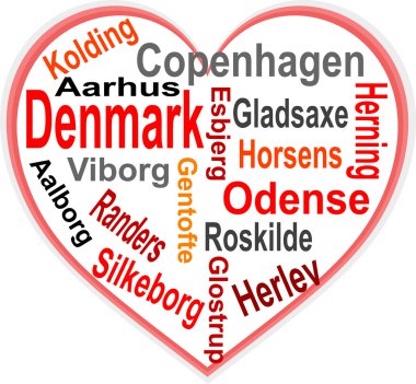 Denmark Heart and words cloud with larger cities clipart