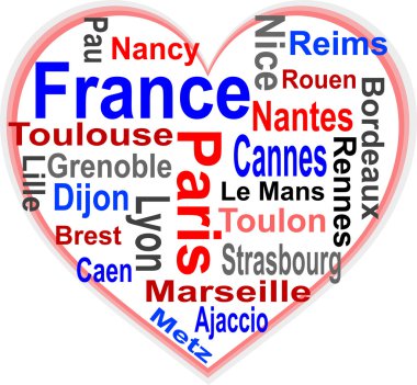 France Heart and words cloud with larger cities clipart