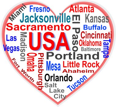 USA Heart words cloud with larger american cities clipart