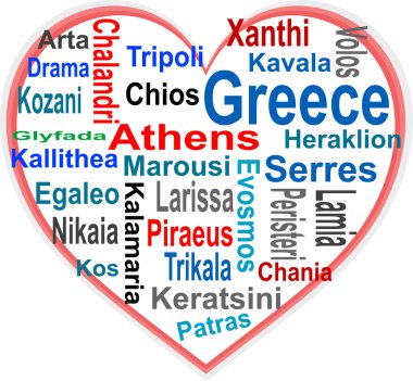 Greece Heart and words cloud with larger cities clipart