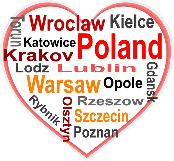 Polen hart en woorden wolk met grotere steden — Stockvector
