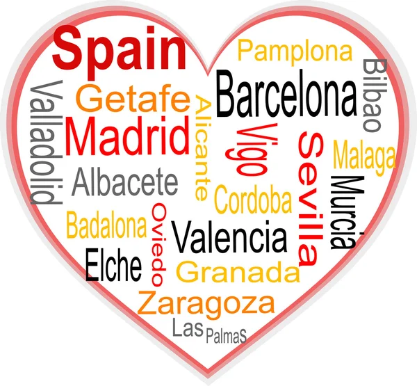 España Corazón y palabras nublan con ciudades más grandes — Vector de stock