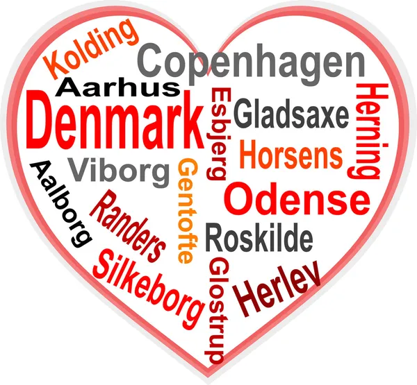 Denmark Heart and words cloud with larger cities — Stock Vector