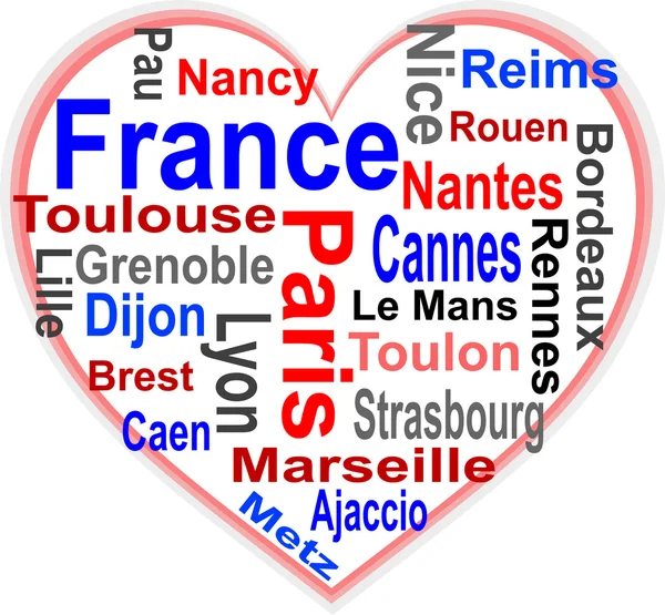 Francia Corazón y palabras nublan con ciudades más grandes — Vector de stock