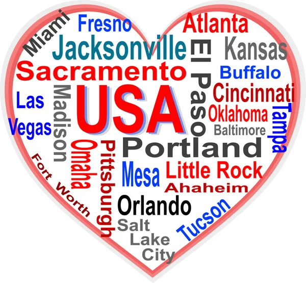 ABD kalp kelimeler bulut büyük ABD kentleri ile — Stok Vektör