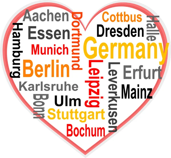 Alemania Corazón y palabras nublan con ciudades más grandes — Vector de stock