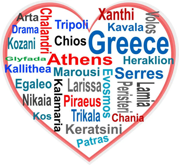 Grecia Corazón y palabras nublan con ciudades más grandes — Vector de stock