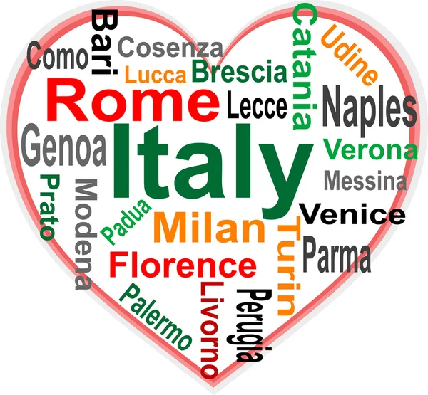 Italia Corazón y palabras nublan con ciudades más grandes — Archivo Imágenes Vectoriales