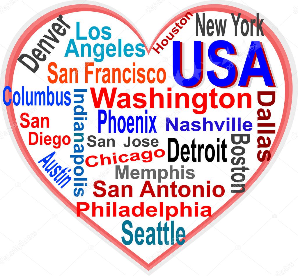 USA Heart and words cloud with larger cities