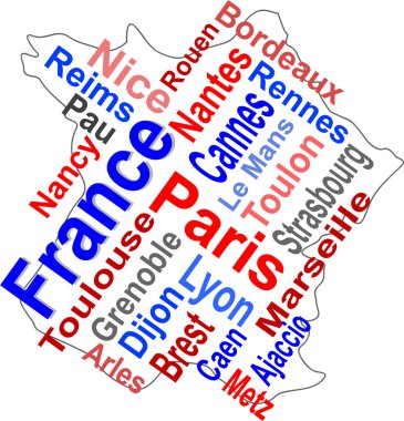 büyük şehirler ile Fransa harita ve kelime bulutu