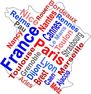 France map and words cloud with larger cities clipart