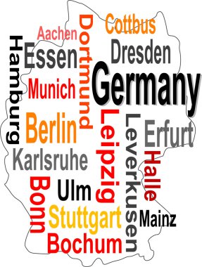 Germany map and words cloud with larger cities clipart