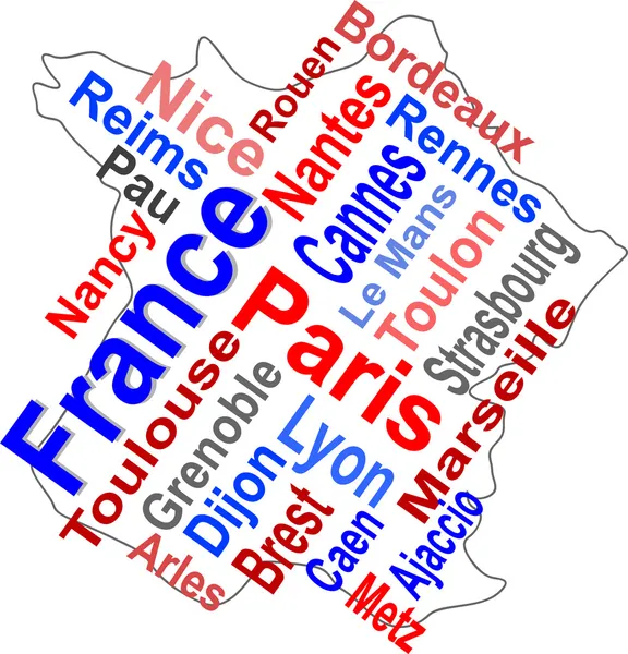 Γαλλία Χάρτης και λέξεις σύννεφο με μεγαλύτερες πόλεις — Διανυσματικό Αρχείο