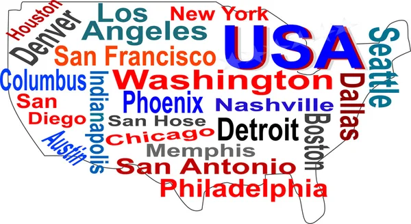 EE.UU. mapa y palabras nube con ciudades más grandes — Archivo Imágenes Vectoriales
