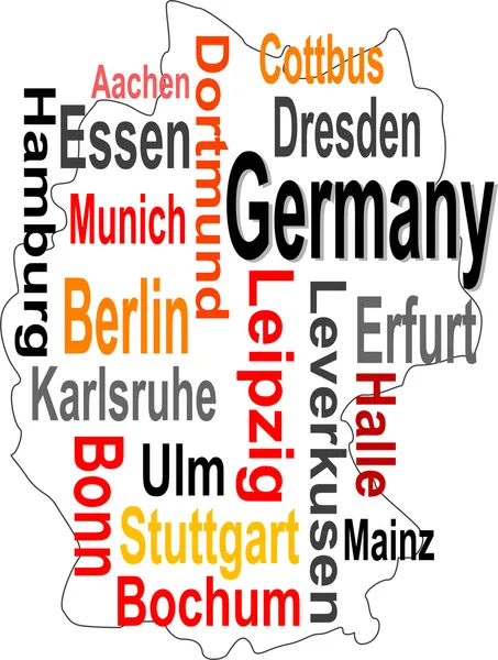 Tyskland karta och ord moln med större städer — Stock vektor