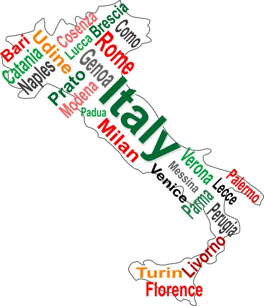 Itálie mapa a slova mrak s větších městech — Stockový vektor
