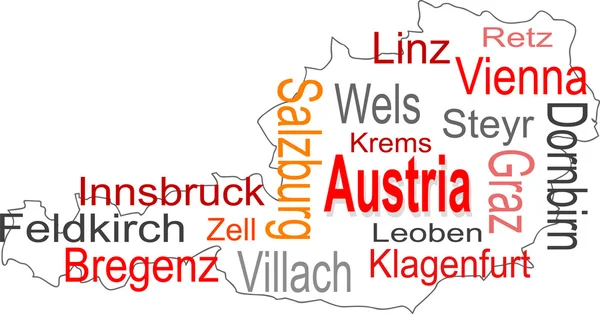 Österrike karta och ord moln med större städer — Stock vektor