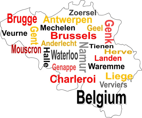 Βέλγιο χάρτη και λέξεις σύννεφο με μεγαλύτερες πόλεις — Διανυσματικό Αρχείο