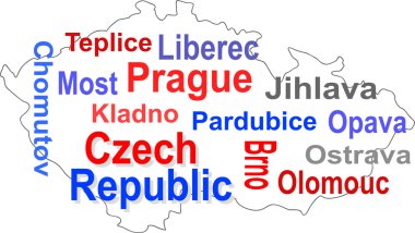 Czech republic map and words cloud with larger cities clipart