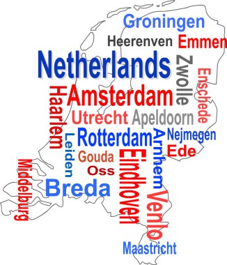 Holland map and words cloud with larger cities clipart
