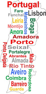Portugal map and words cloud with larger cities clipart