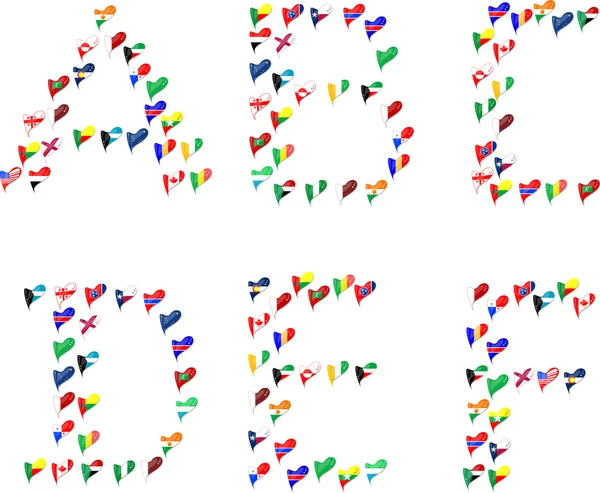 Алфавітні літери з прапорів у серці — стоковий вектор