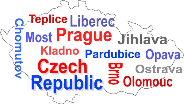 Карта Чешской республики и облако слов с большими городами — стоковый вектор