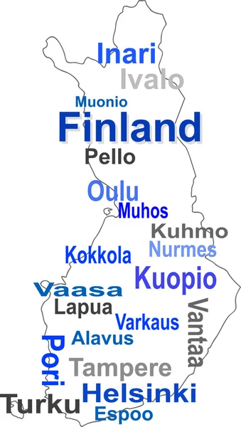 Finlandiya Haritası ve kelimeler bulut büyük şehirler — Stok Vektör