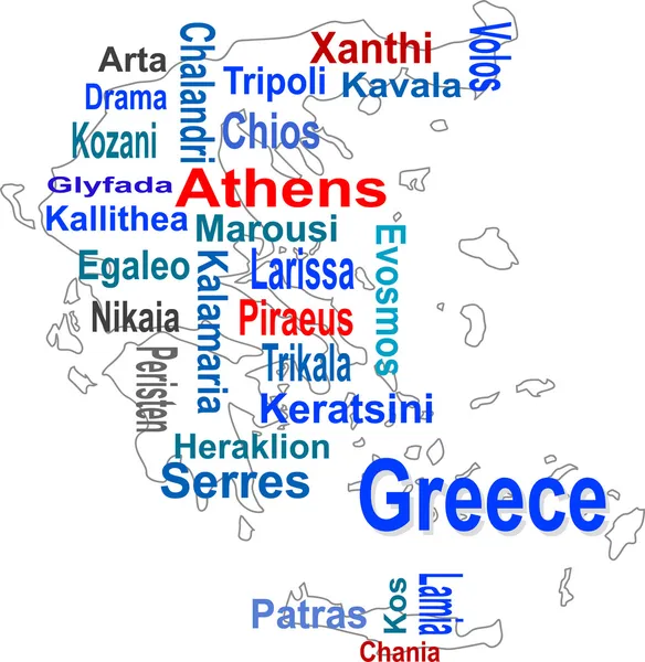 Grekland karta och ord moln med större städer — Stock vektor