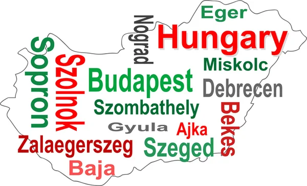 Maďarská mapa a slova oblak s většími městy — Stockový vektor