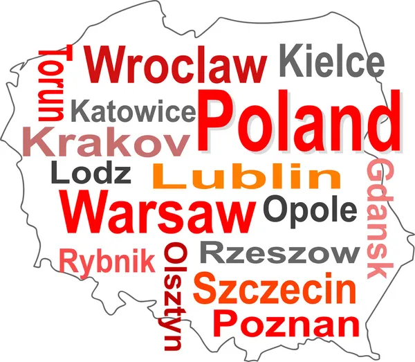 Polska mapa i słowa chmura z większych miast — Wektor stockowy